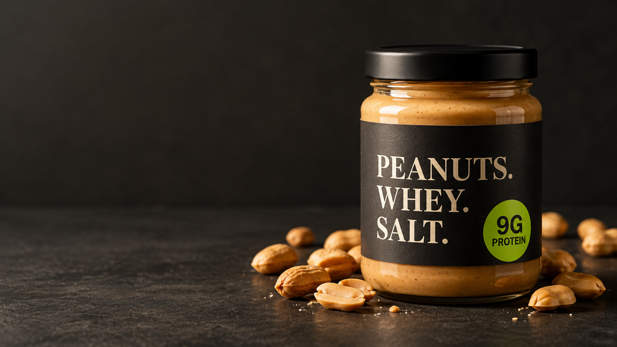 Peanut Whey jar hero shot on dark charcoal