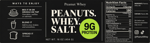 Peanut Whey full label with Nutrition Facts — 16 oz